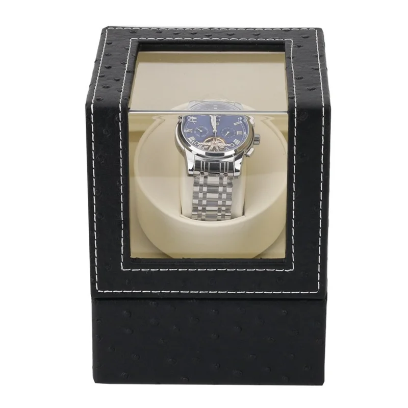W125 Automatic Single Watch Electric Rotating Box Watch Leather Display Box - Ostrich Texture Inner White W125D / UK Plug