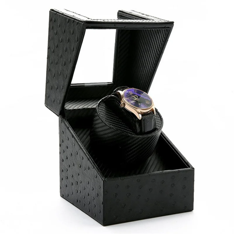 W125 Automatic Single Watch Electric Rotating Box Watch Leather Display Box - Ostrich Texture Inner Black W125D / UK Plug