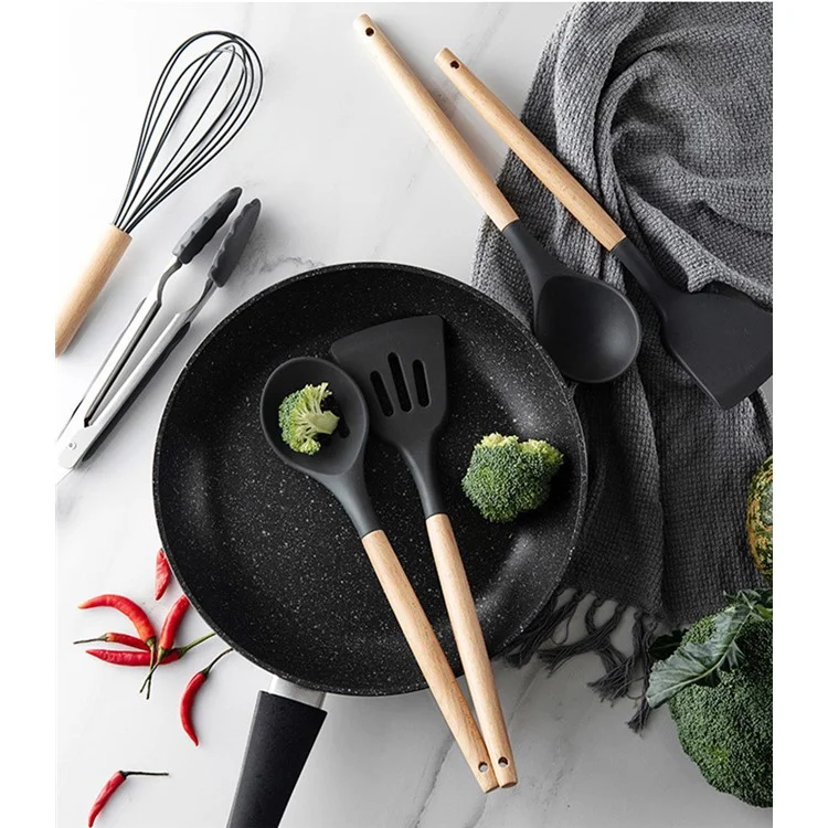 11 Unids / Set BPA GRATUITA GRATUITA MANGO DE MADERA SILICONA UTENIDO DE COCINA DE COCINA DE COCCIÓN ACCESORIOS CONJUNTO DE UTENSILS DE COCINA (MATERIAL CERTIFICADO DE FDA) - Con Tanque De Almacenamiento