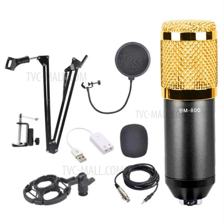 Condenser Microphone Audio Professional Kit Studio Recording Set with Stand - Black
