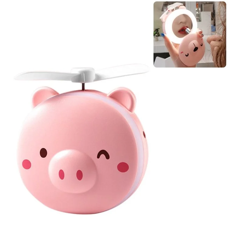 Piggy Shape Creative 2-IN-1 LED Consmetic Mirror Cooling Fan - Winking Pig