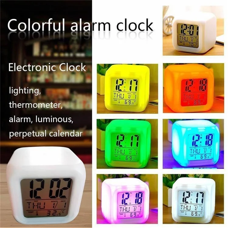 Bunter Nachtlicht-Wecker mit Temperaturanzeige und 7 Farben wechselnder LED