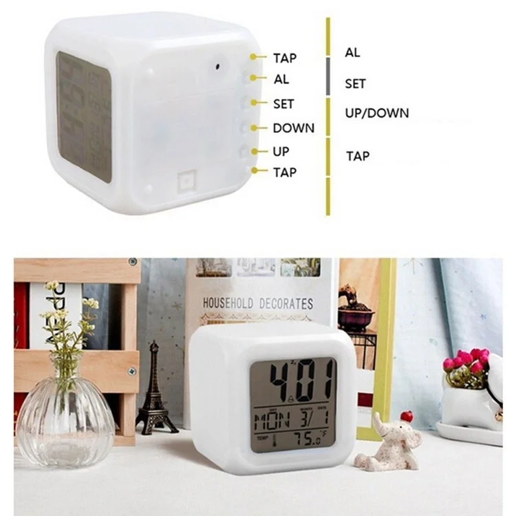 Bunter Nachtlicht-Wecker mit Temperaturanzeige und 7 Farben wechselnder LED