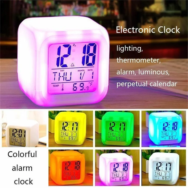 Bunter Nachtlicht-Wecker mit Temperaturanzeige und 7 Farben wechselnder LED
