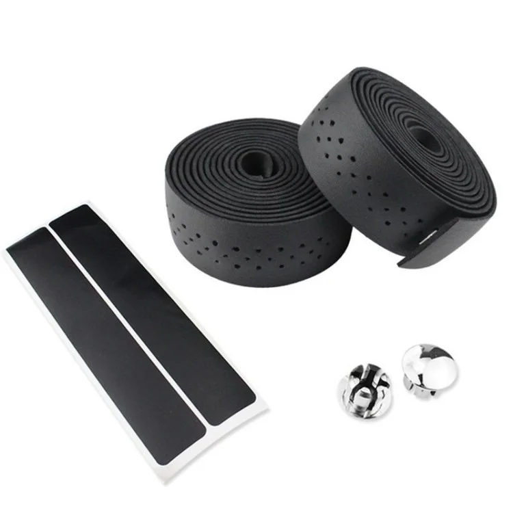 PU Leather Perforated Handle Belt for Cycling Road Race (1 Pair with Handle Plug) - Black