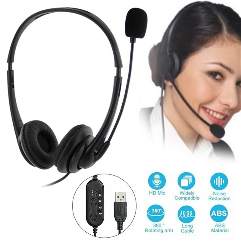 USB Laptop Computer Online Class Game Wired Call Customer Service Phone Headset with Microphone