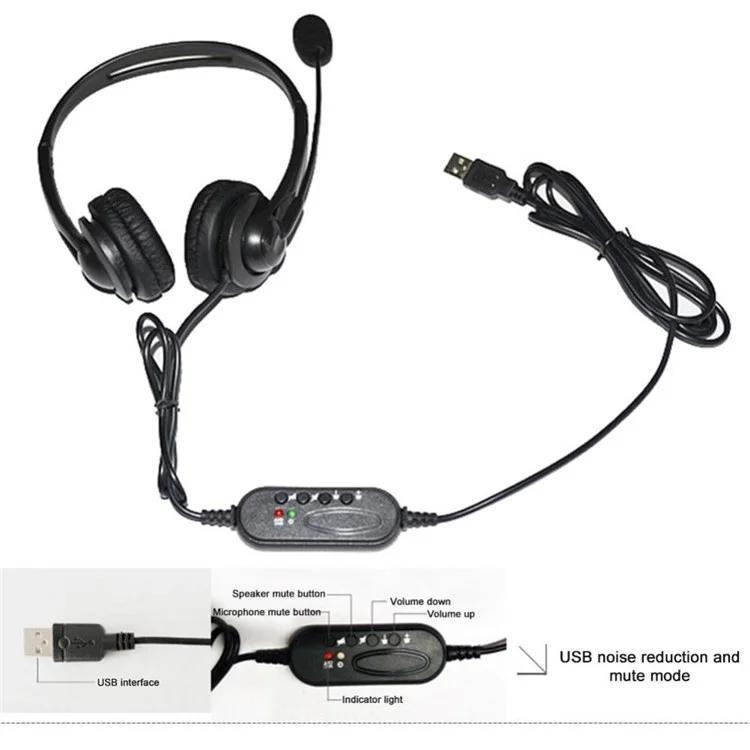 USB Laptop Computer Online Class Game Wired Call Customer Service Phone Headset with Microphone