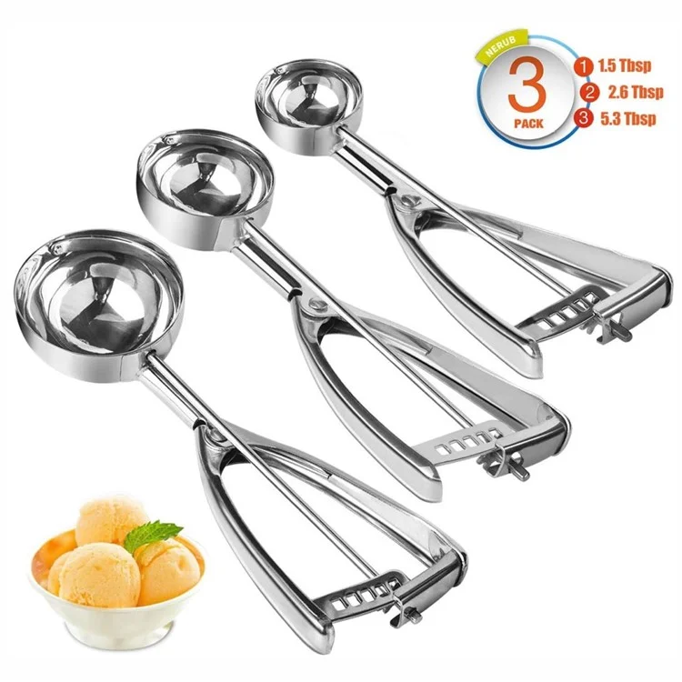 3 Pçs / Set Sorvete Colheres Cookie Scoop Gatilho Aço Inoxidável Colher