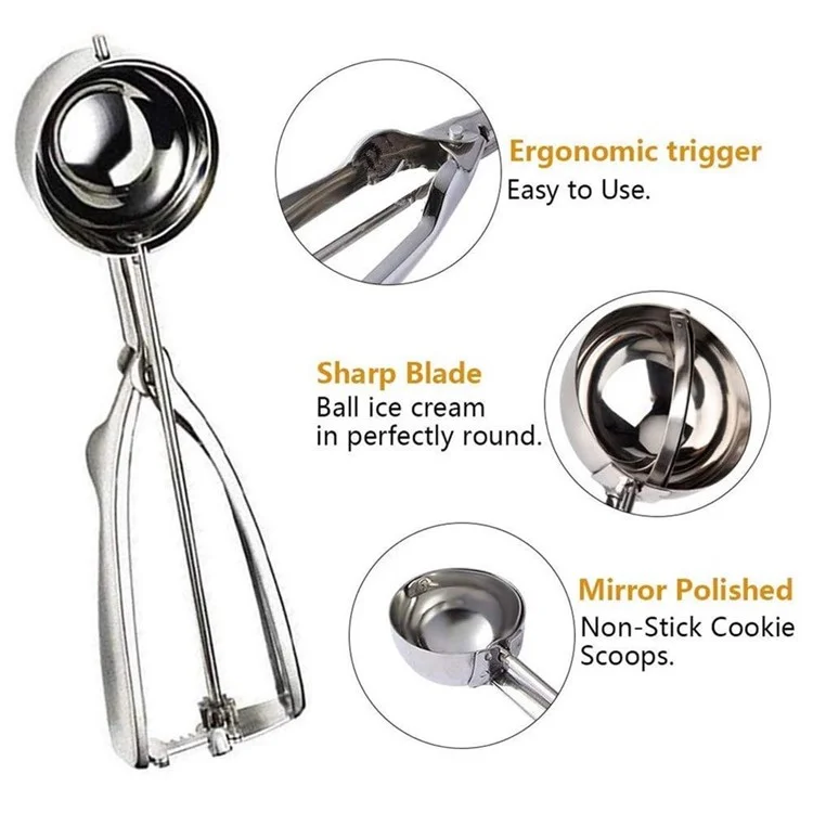 3pcs / Set Ice Cream Scoops Cookie Scoop Trigger Spoon In Acciaio Inox