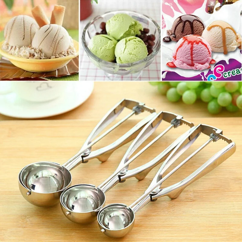 3 Pçs / Set Sorvete Colheres Cookie Scoop Gatilho Aço Inoxidável Colher