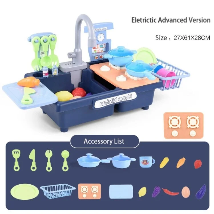 Wash-up Kitchen Toys with Running Water Electric Dishwasher Pretend Toy Role Play Cooking Toys - Upgraded Electric Mode, Blue