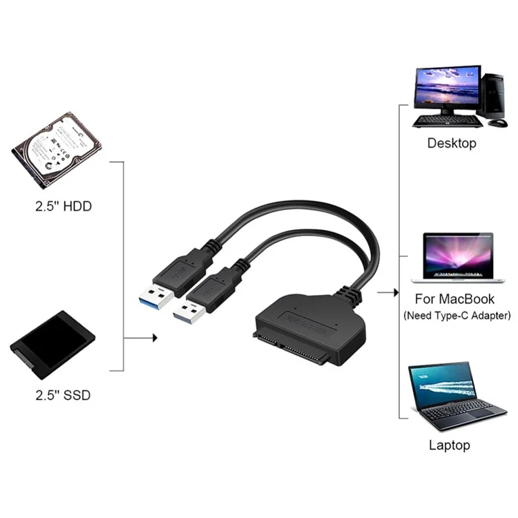 Cable USB 3.0 de alta velocidad SATA a adaptador USB para unidades de disco duro (HDD) y unidades de estado sólido (SSD) de 2,5 pulgadas.