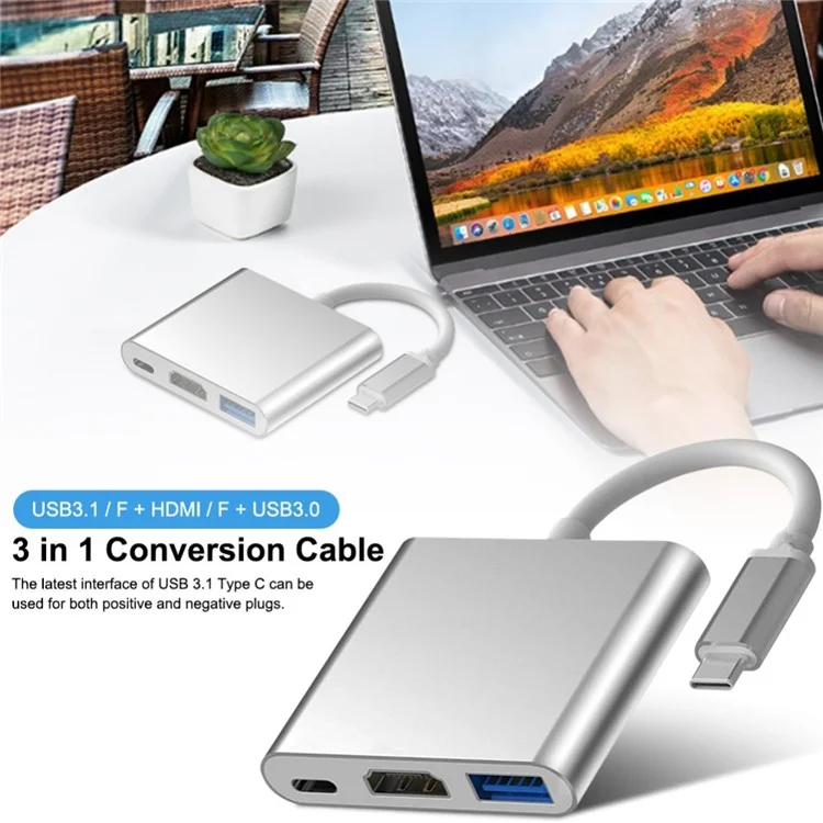 3-In-1 Conversion Cable USB Type-C Hub Adapter to 4K Port + USB 3.0 Port + Type - C Port