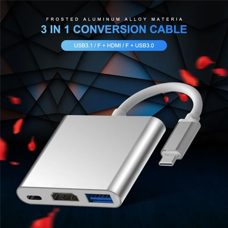 3-in-1 Conversion Cable USB Cube Adapter Type C to 4K Port + USB 3.0 Port + Type-C Port