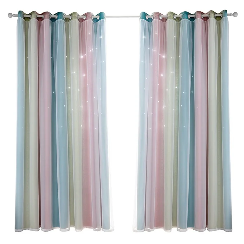 2-Layer Gradient Starry Stars Tulle+Blackout Curtain Room Decor - Pink/1m x 1.3m
