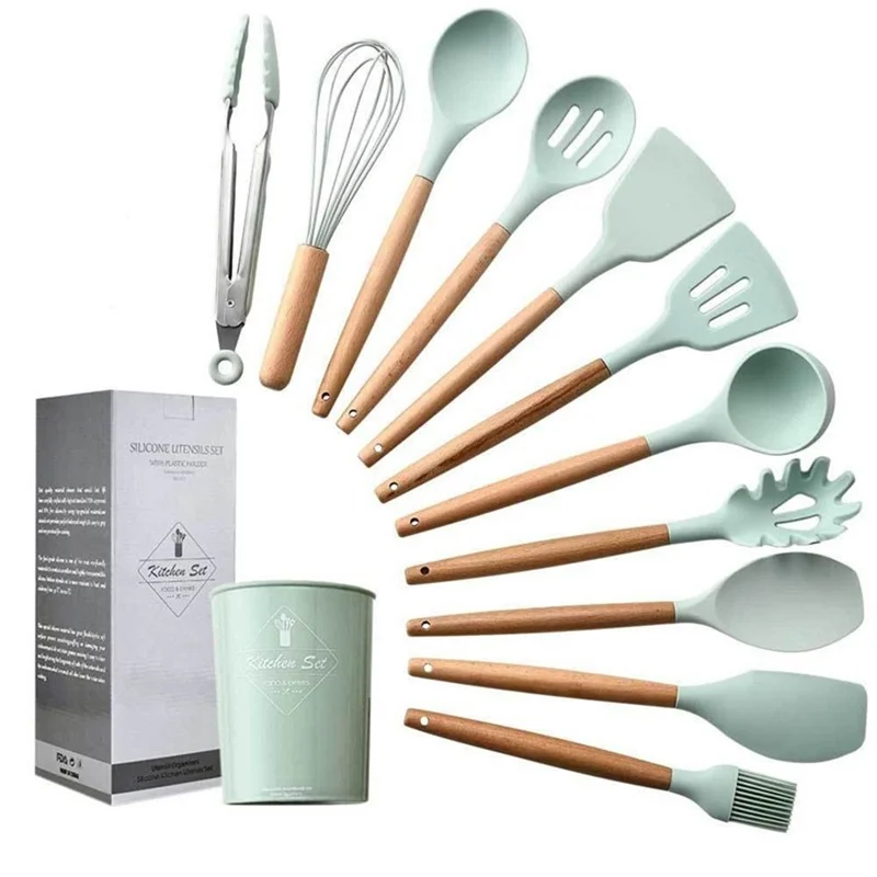 Ustensiles En Silicone Vert Mis Soupe À La Spatule Cuillère Antiadhésif Brosse À L'huile De Pelle Avec L'outil De Cuisine Manche En Bois - 11pcs / Set