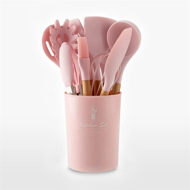 Pink Silicone Utensils Set Spatula Soup Spoon Non-stick Shovel Oil Brush Kitchen Tool - 11Pcs/Set