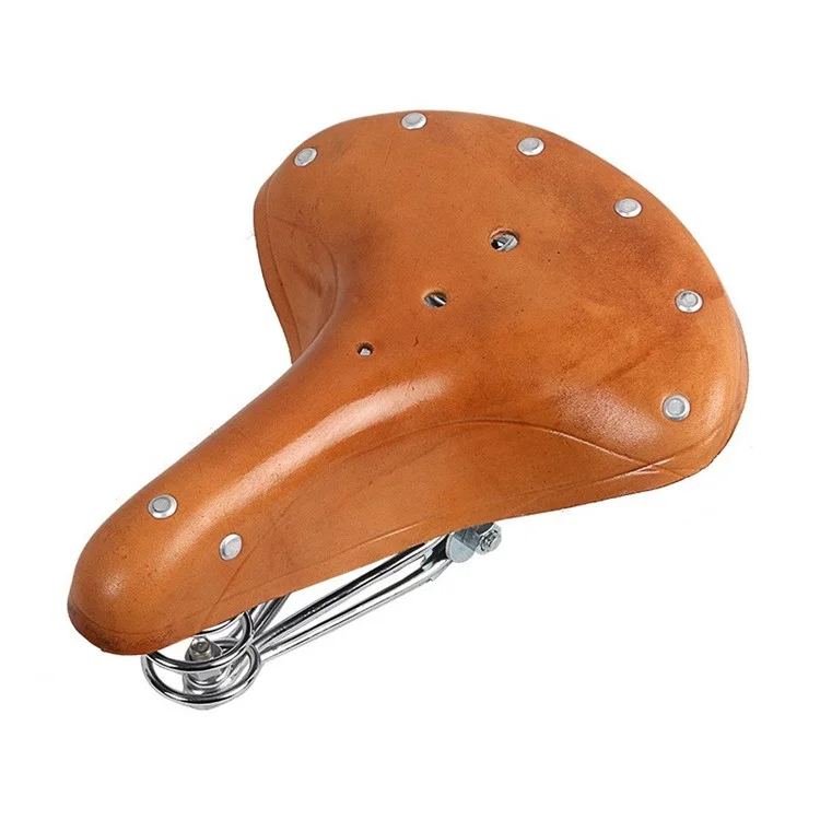 Vintage Genuine Leather Shock-Absorbing Spring Bicycle Seat Tuning Retro Bicycle Saddle - Light Brown