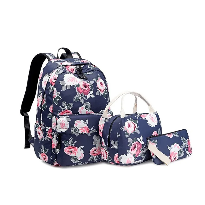 3Pcs Waterproof School Bags Flower Printing Student Backpack Bento Box Bag Clutch Bag Set - Blue