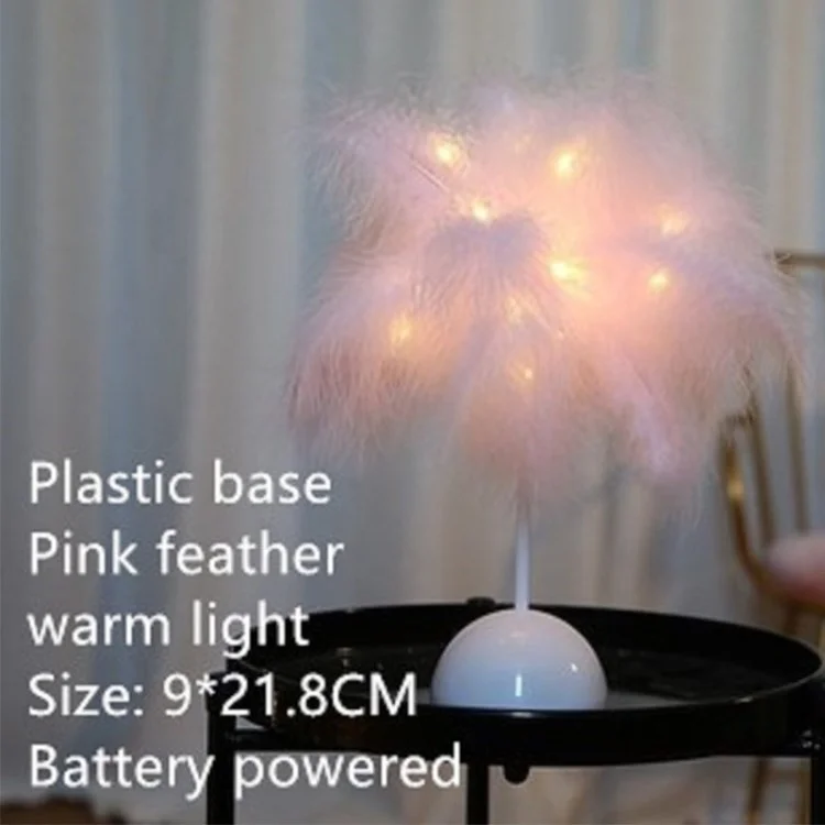 Feathers DIY Table Lamp Night Light Dandelion Feather Shade for Bedroom Wedding Decor Birthday Gift - Pink/Battery Powered