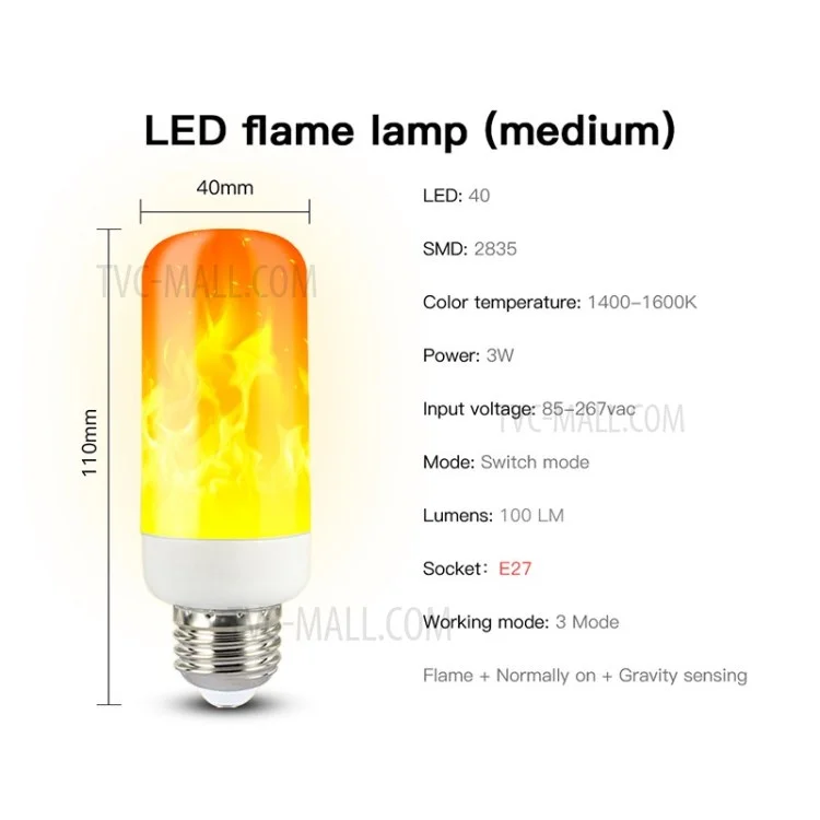 E27 Dynamic Flame Effect LED Bulb Corn Decorative Lamp Multiple Mode for Bar Hotel Party - E27 3W Medium