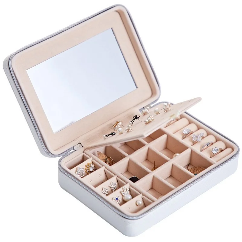 Organizador de Cuadro de Collar de Joyería Pequeño Viaje PU Pendientes de Cuero Caja de Almacenamiento - White // Mirror Style