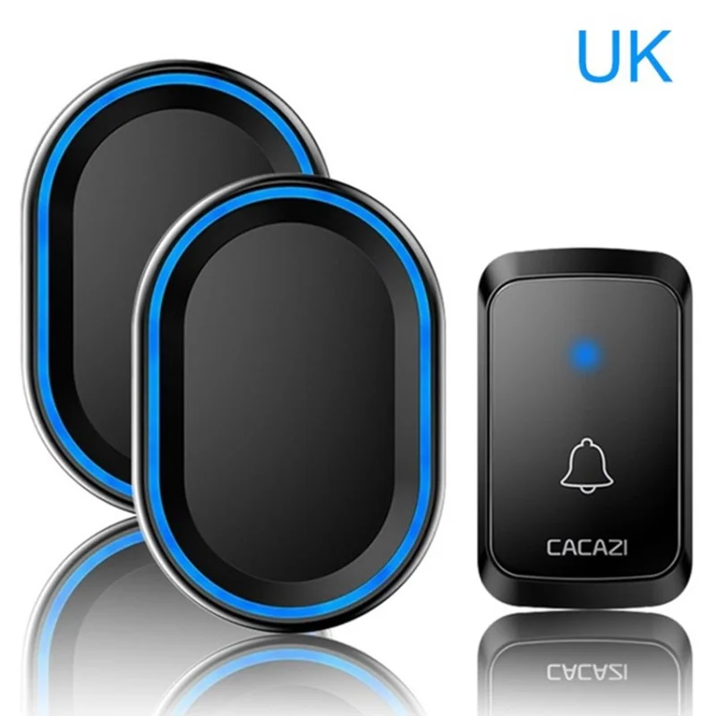CACAZI A80 Campanello Wireless Impermeabile con Suoneria Senza Fili e 58 Melodie - 1 Trasmettitore + 2 Ricevitori/Spina UK