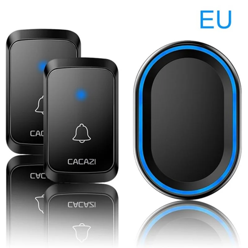 CACAZI A80 Waterproof Wireless Remote Doorbell Wall Plug-in Cordless Door Chime with 58 Tune Songs - 2 Transmitters + 1 Receivers/EU Plug