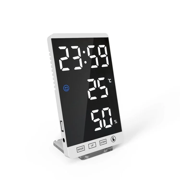 6 Inch Mirror LED Alarm Clock Digital Clock Temperature Humidity Display USB Port Table Clock - White