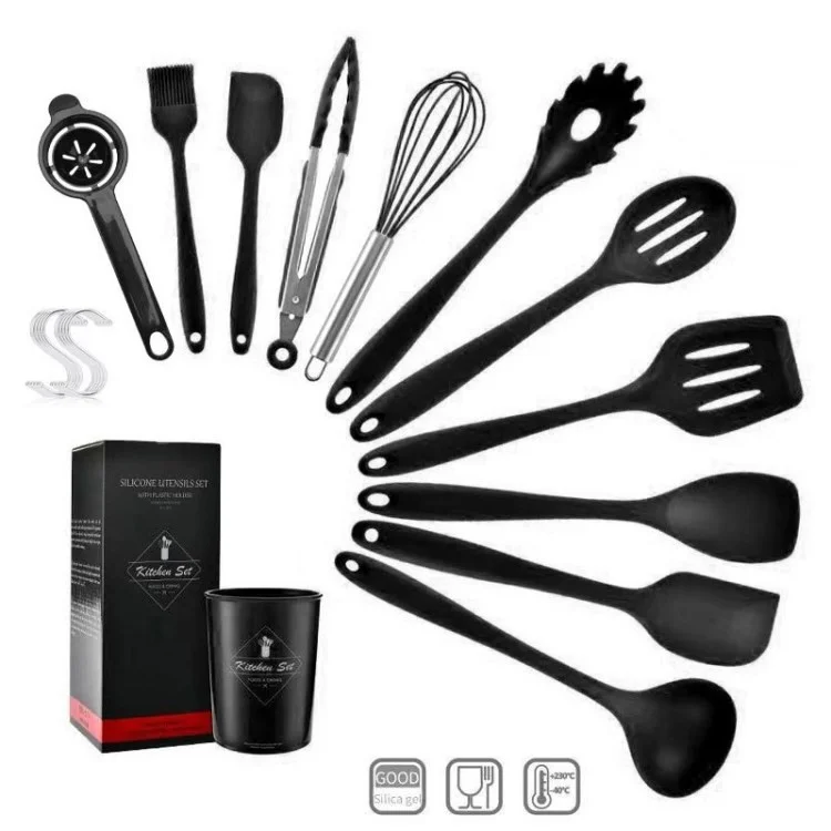 11Pcs Silicone Utensil Set Heat Resistant Non-stick Cookware Slotted Turner Spoon Ladle Pasta Fork Spatula Whisk Brush - Black