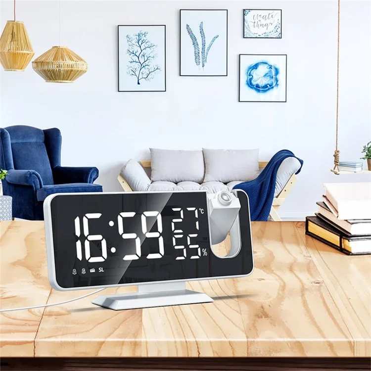 Digital Alarm Clock Large LED Display Temperature Humidity FM Radio Mirror Desk Clock - White/White Display