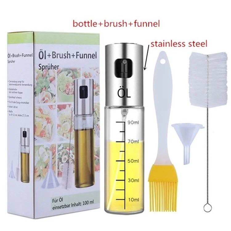 100ml Oil Sprayer Dispenser Oil Spray Bottle with Cleaning Brush for BBQ Cooking - Silver