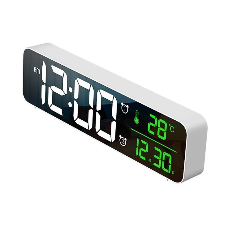 Digital Alarm Clock LED Date Thermometer Display 2 Alarm Settings Plug-in Brightness Dimmer - White