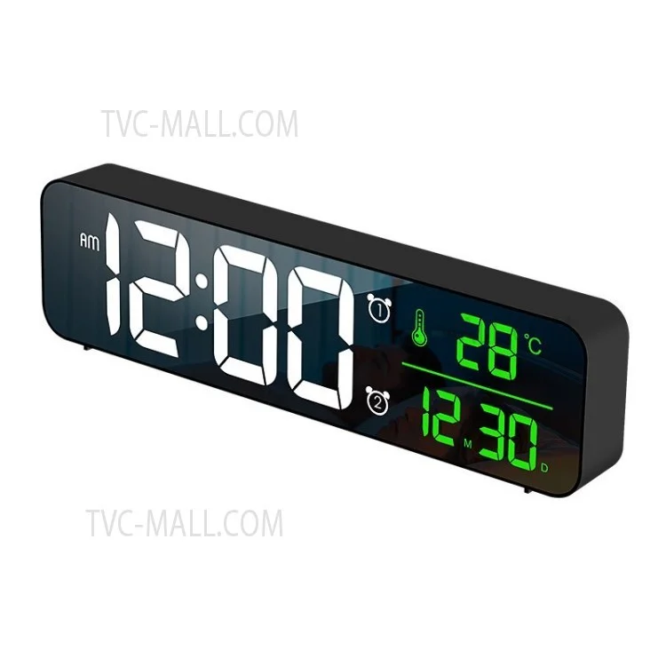 Digital Alarm Clock LED Date Thermometer Display 2 Alarm Settings USB Charging Brightness Dimmer - Black