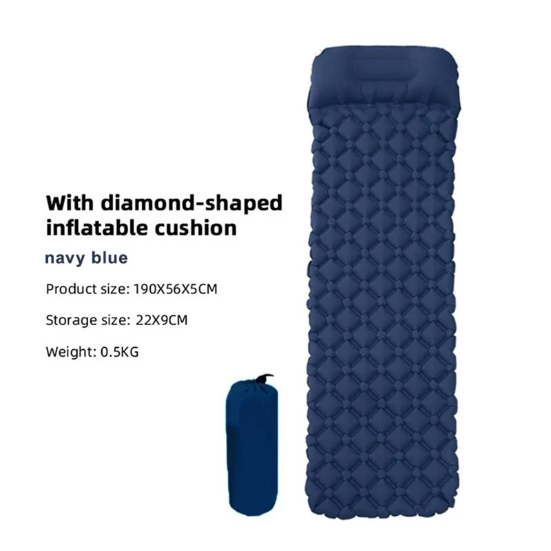 Inflatable Outdoor Sleeping Mat Cushion Swimming Camping Mat with Pillow Air Mattress Sleeping Sofa - Navy Blue