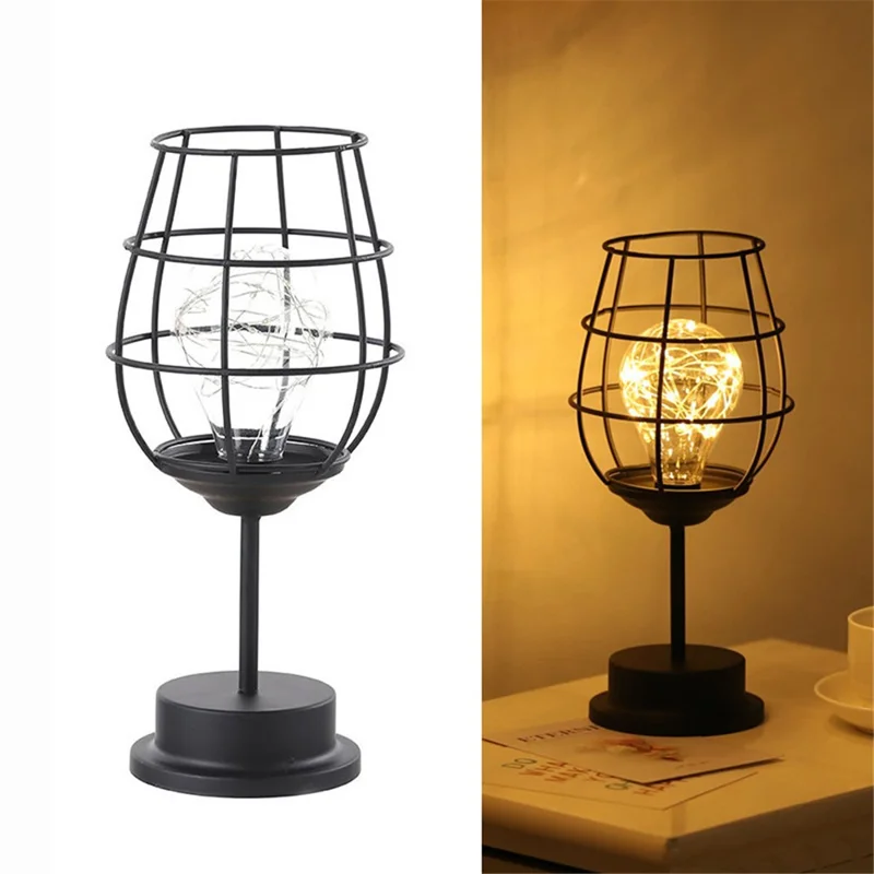 Iron Hollow Table Lamps Warm Light Lantern Bedside Desk Light for Home Decor - Wine Glass