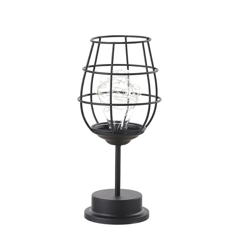 Iron Hollow Table Lamps Warm Light Lantern Bedside Desk Light for Home Decor - Wine Glass