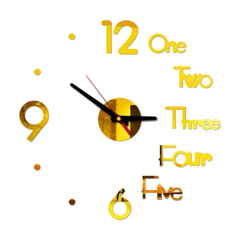3D Large Number Wall Clock Mirror Sticker Office Room Home Decor - Gold