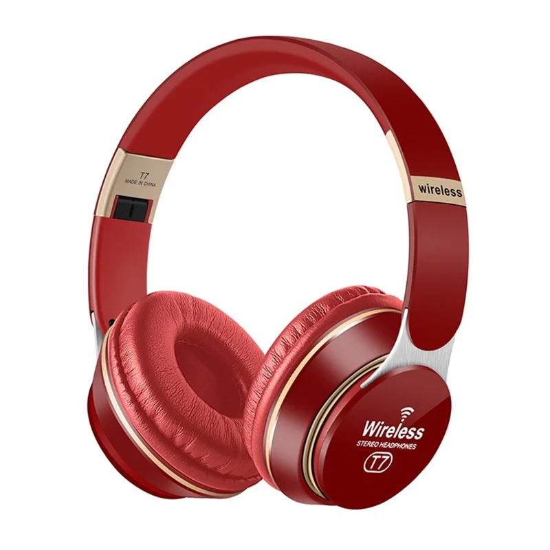 T7 On-Ear Bluetooth-compatible Headphone Earphone Noise Cancelling Wireless Earpiece Foldable Bass Stereo Headset - Red