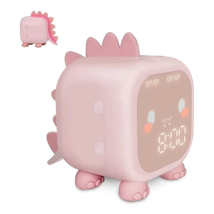 Kids Digital Alarm Clock Cartoon Dinosaur Clock USB Rechargeable Children's Sleep Trainer Timer Night Light - Pink