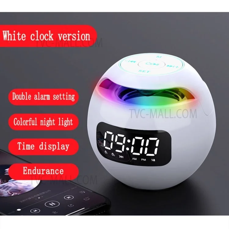 Mini Bluetooth-compatible Speaker Wireless Subwoofer Sound Box Alarm Clock HiFi TF Card MP3 Music Player FM Radio - White
