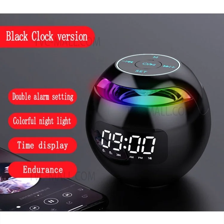 Mini Bluetooth-compatible Speaker Wireless Subwoofer Sound Box Alarm Clock HiFi TF Card MP3 Music Player FM Radio - Black