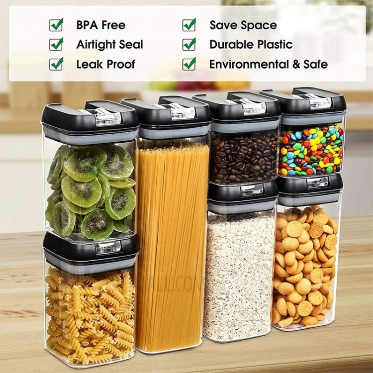 7Pcs/Set Airtight Food Storage Container Tanks BPA Free Clear Plastic Box with Easy Lock Lids (FDA/LFGB Certified) - Black/Clear Buckle