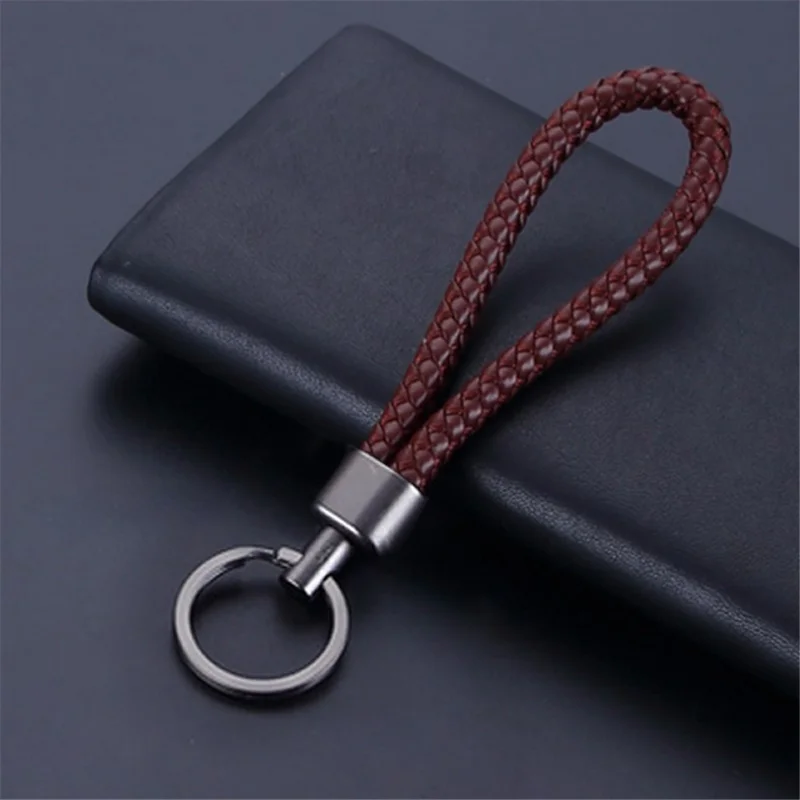 Woven Handmade PU Leather Keychain Men Women Car Key Ring - Coffee