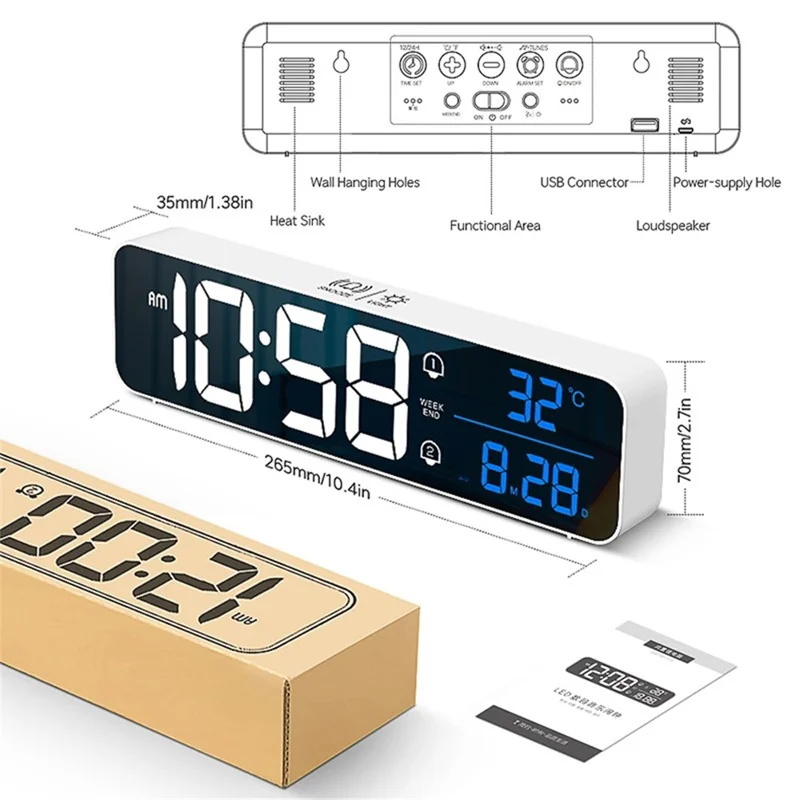 Digital Alarm Clock HD Display Sound Control Dual Alarms Snooze Temperature Volume & Brightness Adjustable Clock - White