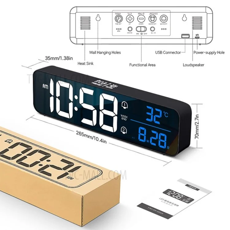 Digital Alarm Clock HD Display Sound Control Dual Alarms Snooze Temperature Volume & Brightness Adjustable Clock - Black