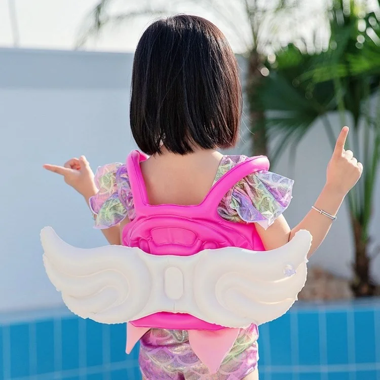 Angel Wings Inflatable Kids Swimming Vest Jacket PVC Swimming Ring Air Bag Pool Float Aid Vest - Pink / L