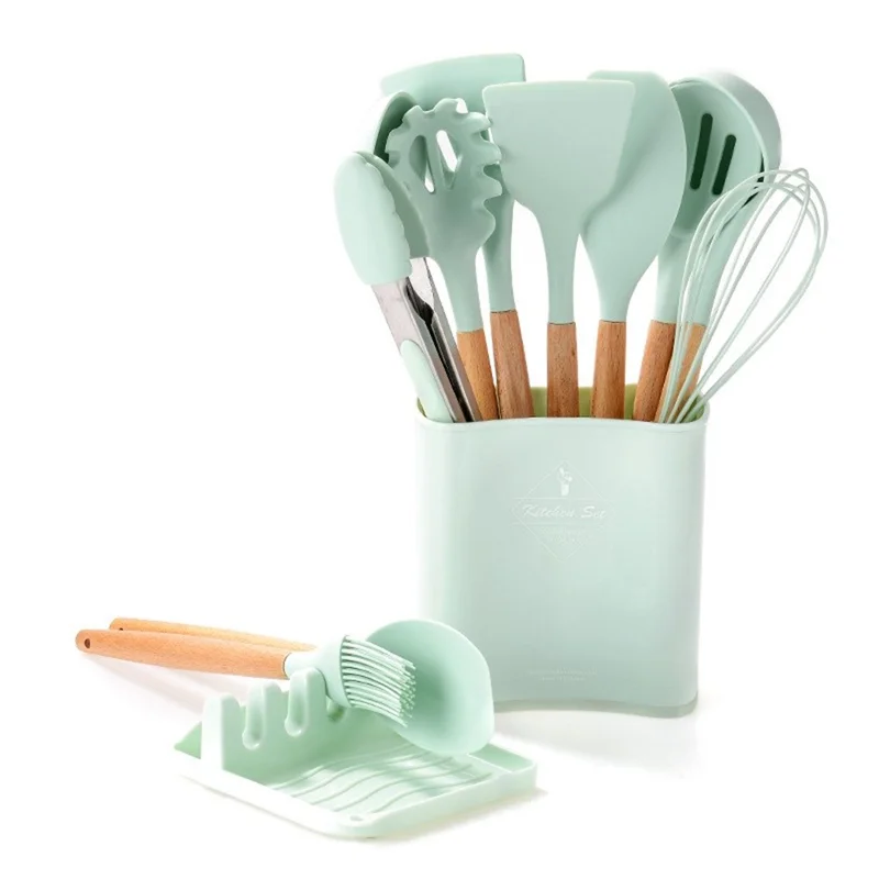 11Pcs BPA Free Kitchen Utensils Set with Holder Silicone Kitchenware Cooking Utensils Set (without FDA Certificate) - Light Green