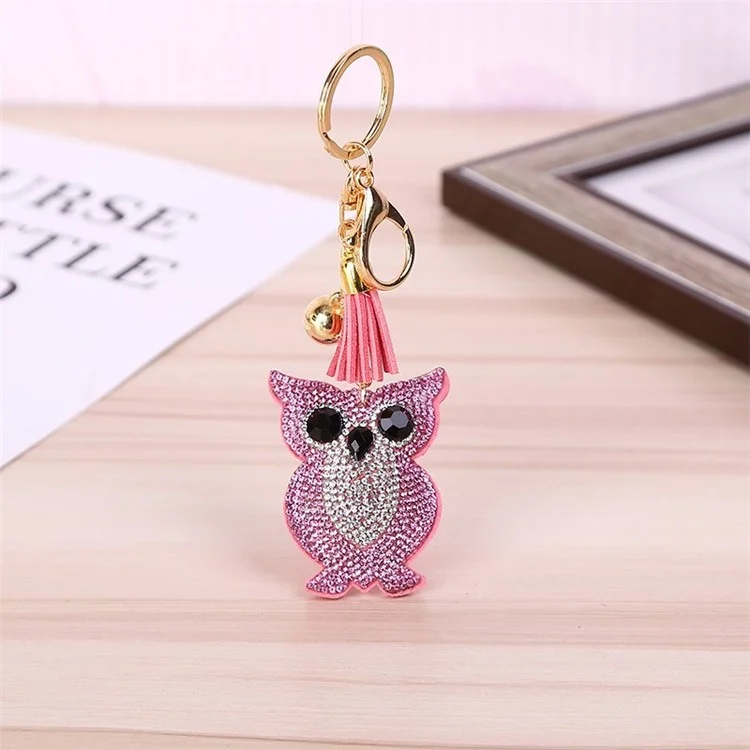 Rhinestone Owl Figurine Keychain Ornament Handbag Keyring with Tassel Decor - Pink