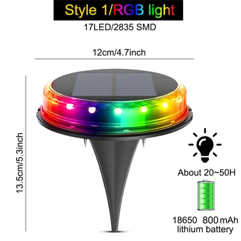 LED Solar Ground Light Outdoor Decorative Lamp 17-LED 2835 SMD for Patio Lawn Pathway - RGB